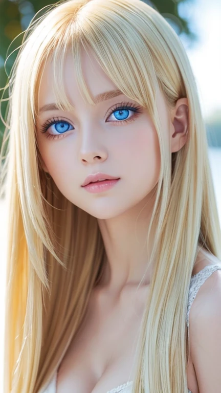 A very beautiful girl with shining bright blonde hair、Very beautiful, bright, bright light blue eyes、very big eyes、Beautiful white and shining skin, 3 up, Unparalleled Beauty, Bright, refreshing and gentle expression, Perfect beautiful cute face shining baby blonde silk super long straight hair, Beautiful shiny bangs, A very beautiful and beautiful 17 year old girl, eyeliner, Very perfect and beautiful cute big clear sky blue eyes
