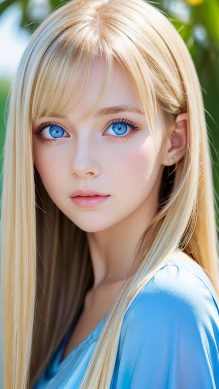 A very beautiful girl with shining bright blonde hair、Very beautiful, bright, bright light blue eyes、very big eyes、Beautiful white and shining skin, 3 up, Unparalleled Beauty, Bright, refreshing and gentle expression, Perfect beautiful cute face shining baby blonde silk super long straight hair, Beautiful shiny bangs, A very beautiful and beautiful 17 year old girl, eyeliner, Very perfect and beautiful cute big clear sky blue eyes