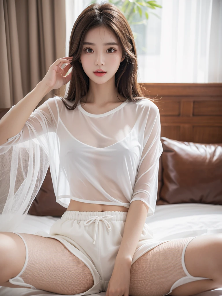 Surreal picture 1 pretty girl, white skin, brown hair, white shirt, shorts, looking at the audienceon sexy pajamas see through.