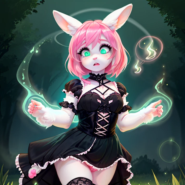 shocked bunny in gothic make up with white fur long Pink hairs with Blue Highlights and glowing Green eyes wearing gothic clothes looking at her body there are some traces of magic floating around her she is in a bedroom