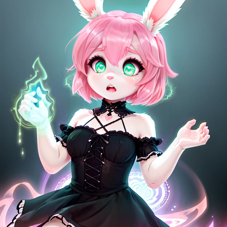 shocked bunny in gothic make up with white fur long Pink hairs with Blue Highlights and glowing Green eyes wearing gothic clothes looking at her body there are some traces of magic floating around her she is in a bedroom