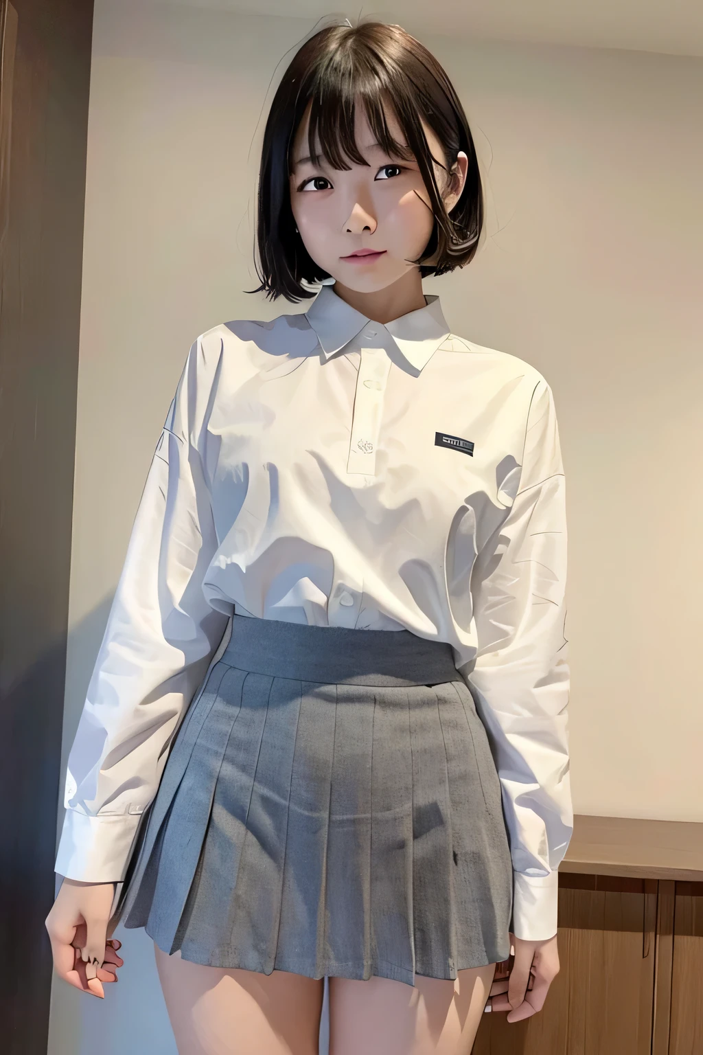 (narrow eyes:1.4), frontal shot , From the middle , (black eye), (japanese woman), 1 girl, (very small eyes:1.4), very beautiful 17 year old girl, beautiful breasts:1.5, (highly detailed eyes:1.2), (beautiful breasts:1.1), short hair, bangs, (thick legs, huge hips, thick thighs), (huge breasts:1.1), perfect skin, Fair skin, tight waist, light blush, alone, looking at the viewer, (Are crying:1.3), (shed tears:1.2), (white shirt)dark dark gray pleated skirt), inside the classroom