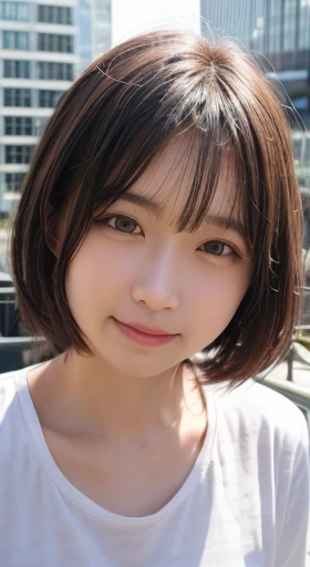 masterpiece, best quality, 8K, disorganized person, (Upper body:1.4), white shirt, beautiful girl, pretty face, looking at the viewer, smile, super realistic, high resolution, new photo, sharp focus, HDR, face light, dynamic lighting, movie lighting, professional shadow, beautiful cityscape background, highest details, very detailed, Super detailed, fine details, real skin, delicate features, detailed face and eyes, sharp pupils、realistic student