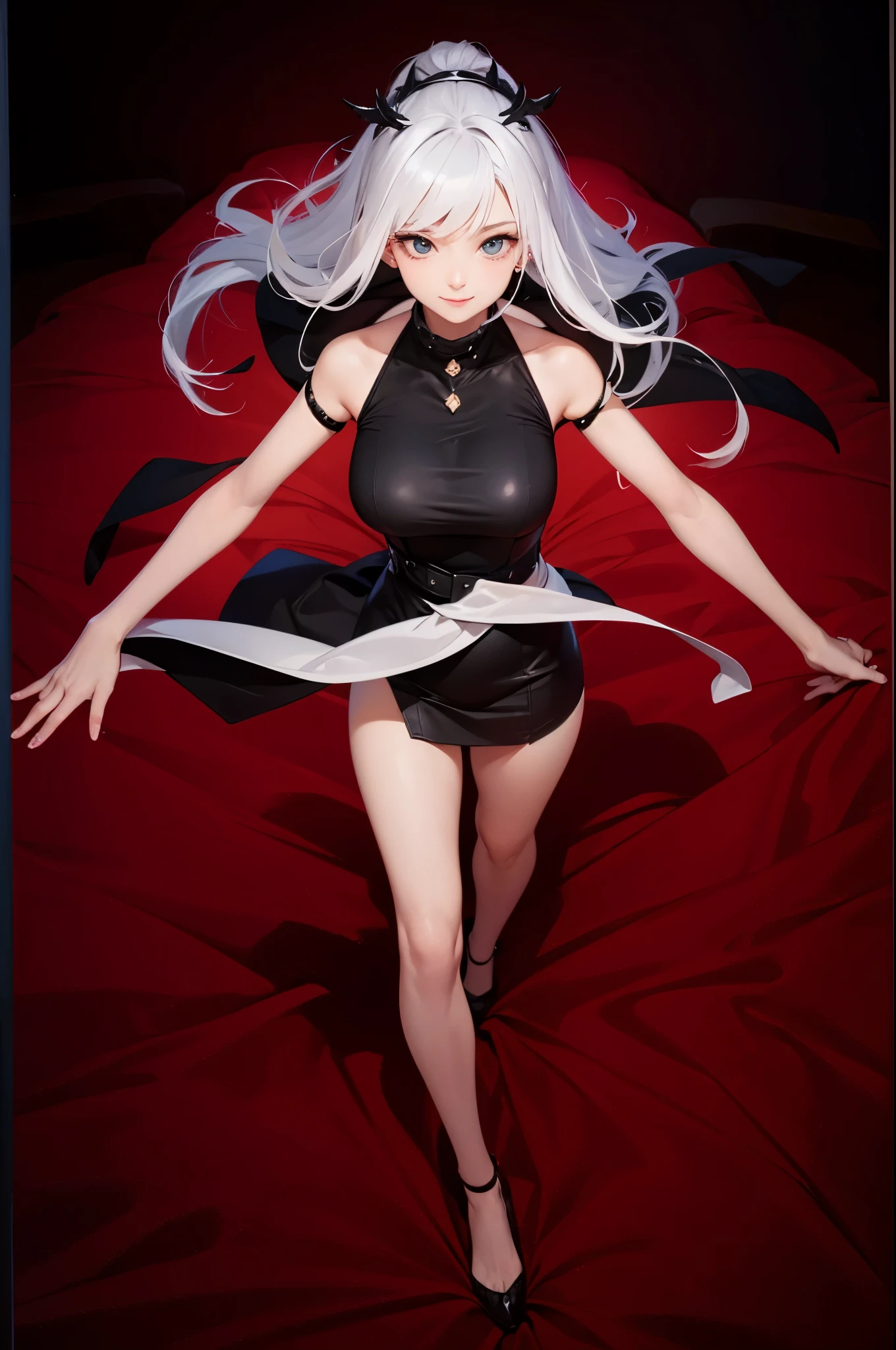 female, middle in the air, white hair, black sclerared, red iris, black one piece dress, big chest, sexy, smile evil,