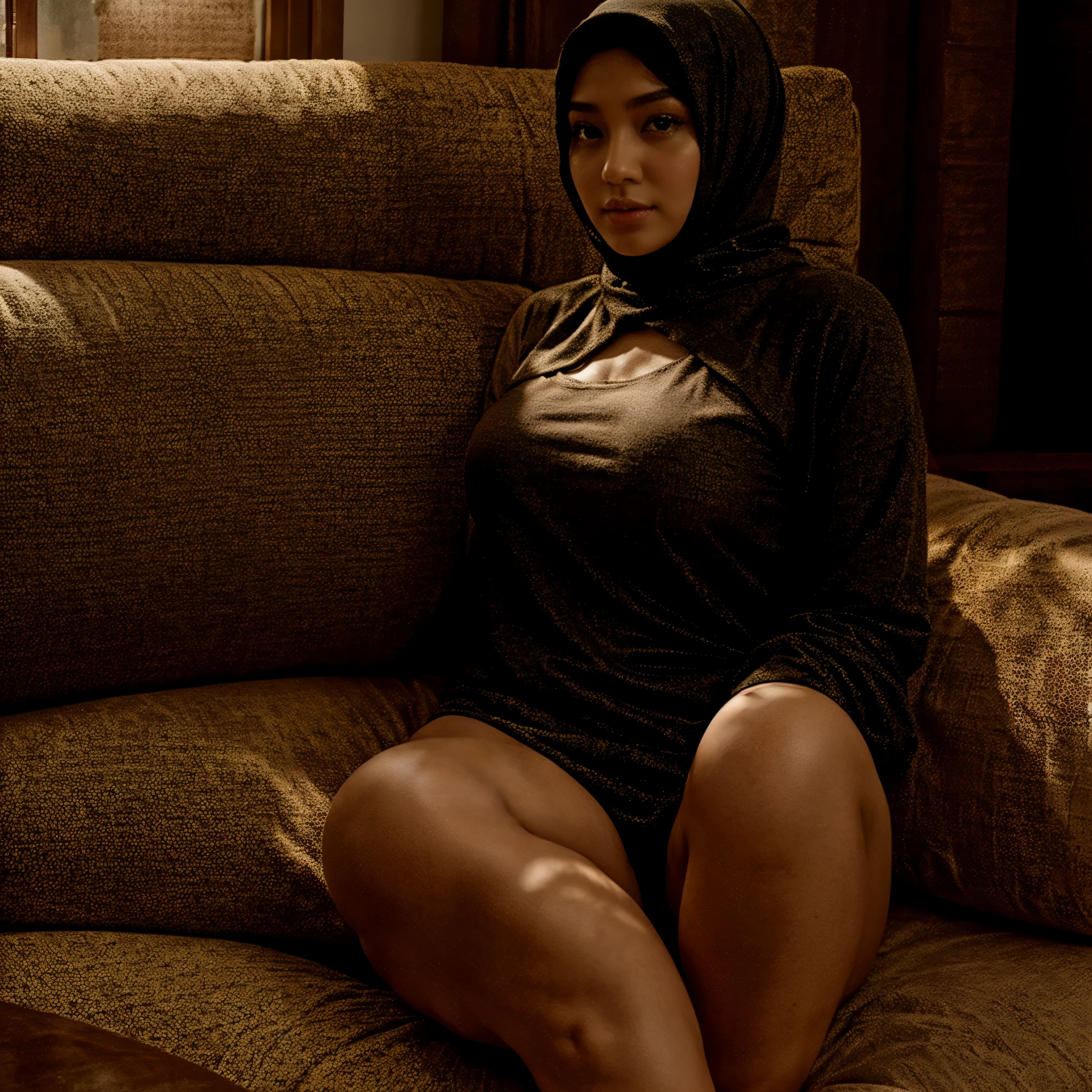 (aesthetic),plus-sized woman, hijab, coloring, oriental, sofa, ultra-detailed:1.2, beautiful, highres