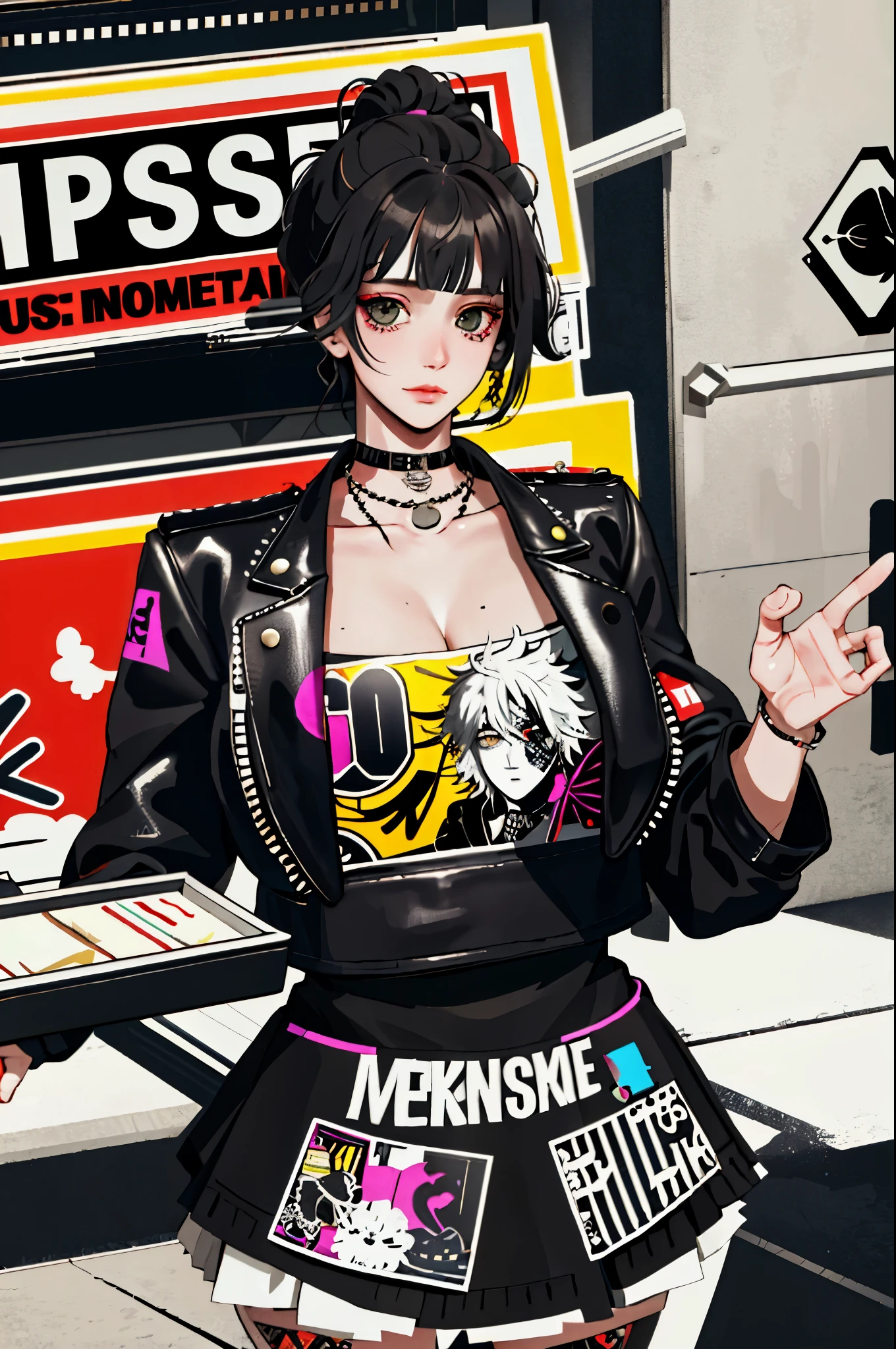 (masterpiece:1.2, best quality), (real picture, intricate details), (1lady, solo, upper body, big) The clothes ar:avant-garde,avant-garde,Experiment with appearance:curlies,Dramatic makeup,Unconventional fashion choice behavior:rebelliousness、non-conformist、Provocation location:urban art district、Underground music venues Hobbies:Participation in punk shows、creating mixed media art、Try different subcultural values:individuality、Realiy、Creative expression of inspiration:Punk rock music、Counterculture icons,Avant-garde art movement character traits:boldness、boldness、act outside the box。