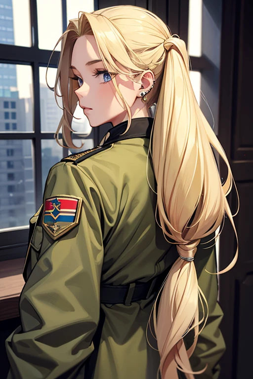 20th generation women,-facean,long blonde hair,one tied hairstyle,hair stretched out on the back,ear piercing,military short jacket,muscular