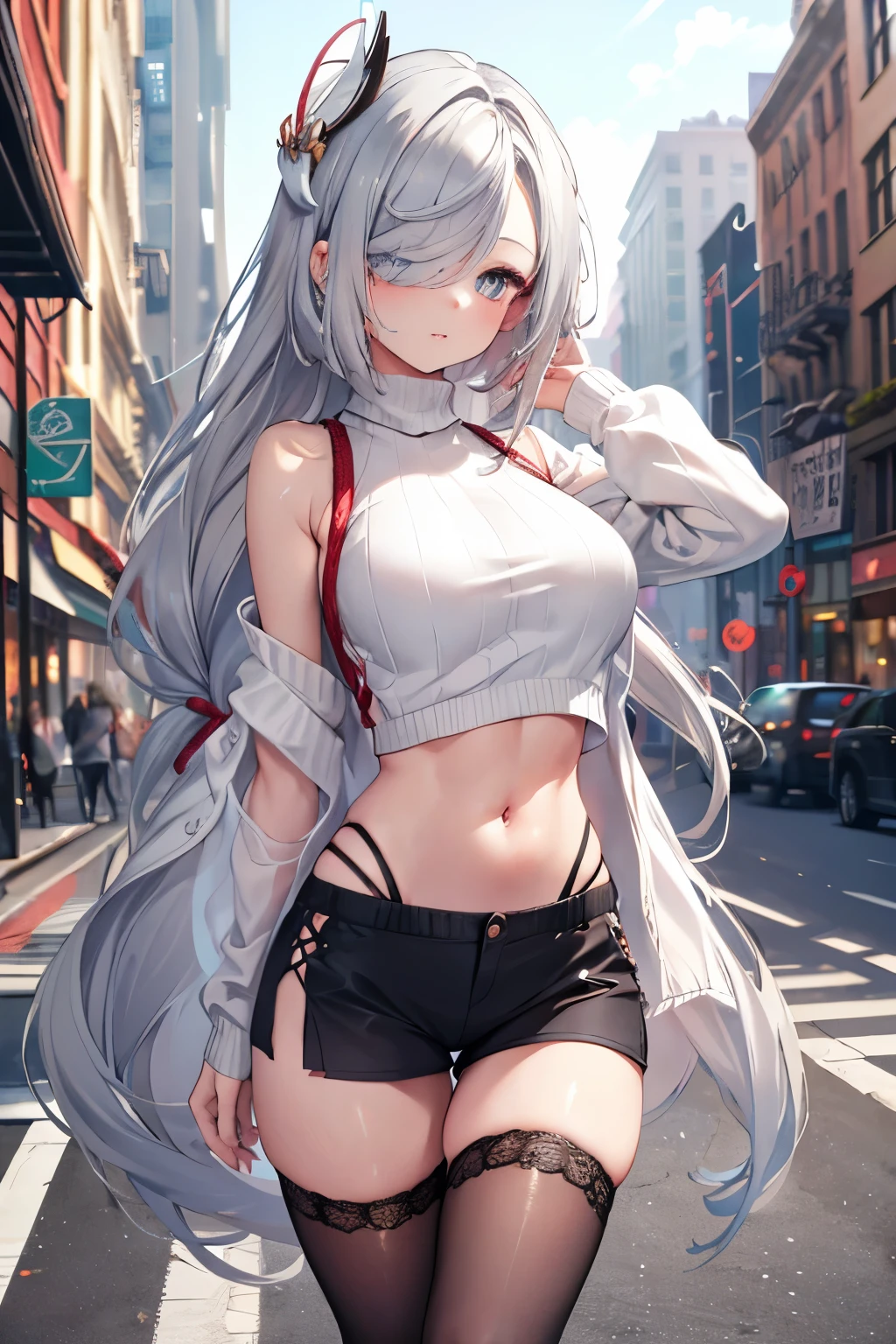 ShenheV4, (Shenhe wearing sweater), white sweater, stockings, (solo:1.1), (mature woman:1.2), beautiful face, (detailed eyes), symmetric eyes, (thin lips), (long hair, grey hair, braid, hair over one eye, hair ornament), (beautiful round breasts), voluptuous body, abs, bare belly, slim waist, (masterpiece, best qualty), soft ambient lighting, standing, front view, city street background, buildings, new york, vivid colors, sunny day, blue sky, looking at the viewer, slim waist, HD, 8K, vivid colors, intricate, (absurdres:1.2), blurry_background, bokeh, (sharp focus) ((detailed face)), facial details, (pov thighs)