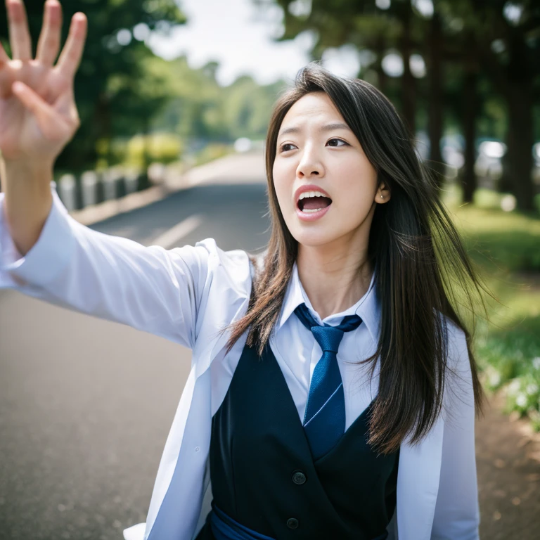 Realisticな,(master piece, high quality:1.2) ,Realistic, RAW photography, wide wide shot, ( Hand Sign), verbal invitation, she keeps her mouth open, (just enough to make ends meet), adjust hair, tie hair,