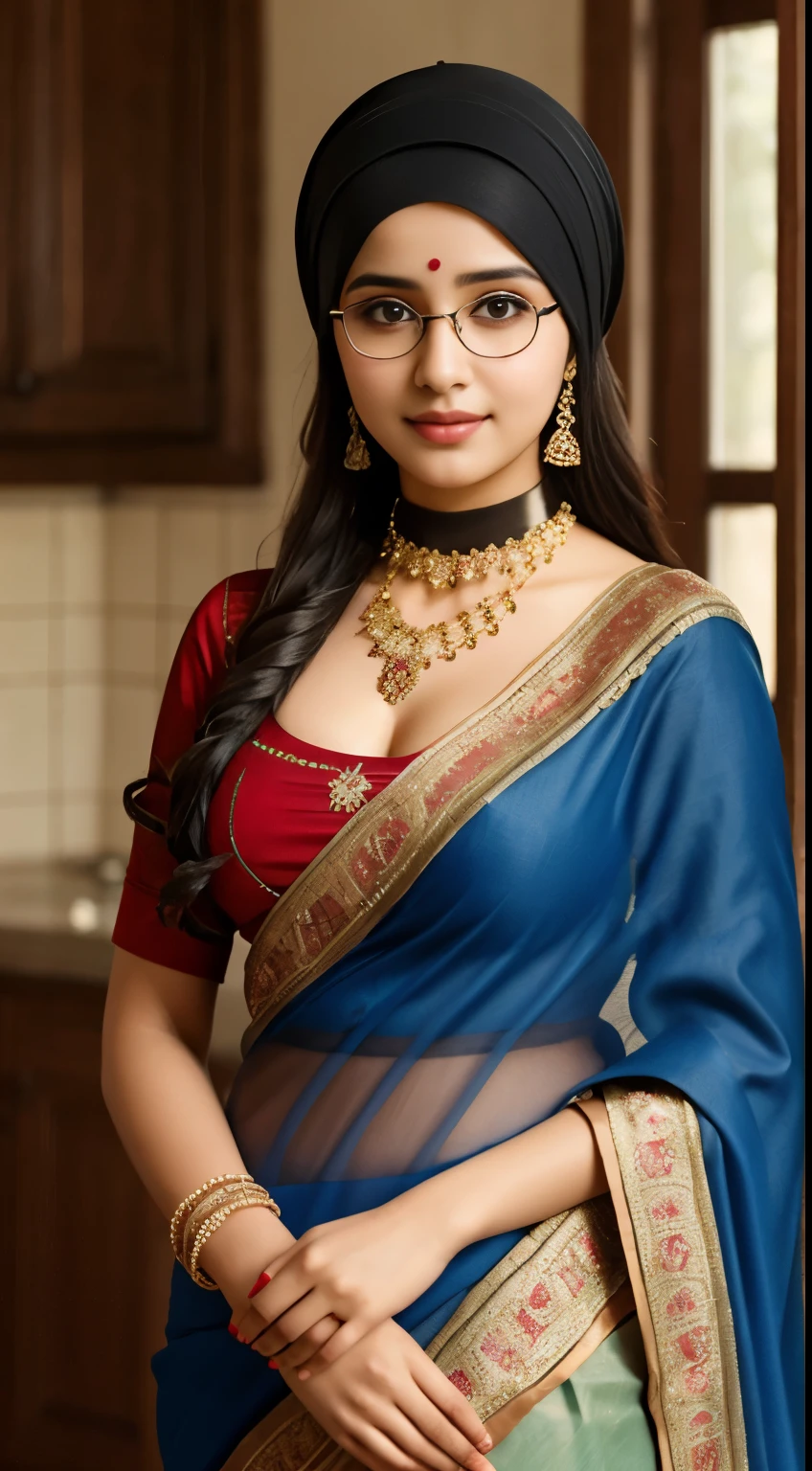 (iu:0.8),cleavage, RAW, Best quality, high resolution, Masterpiece: 1.3, Beautiful glasses hijabi scottish girl wearing rustic saree, Masterpiece, Soft smile, choker
