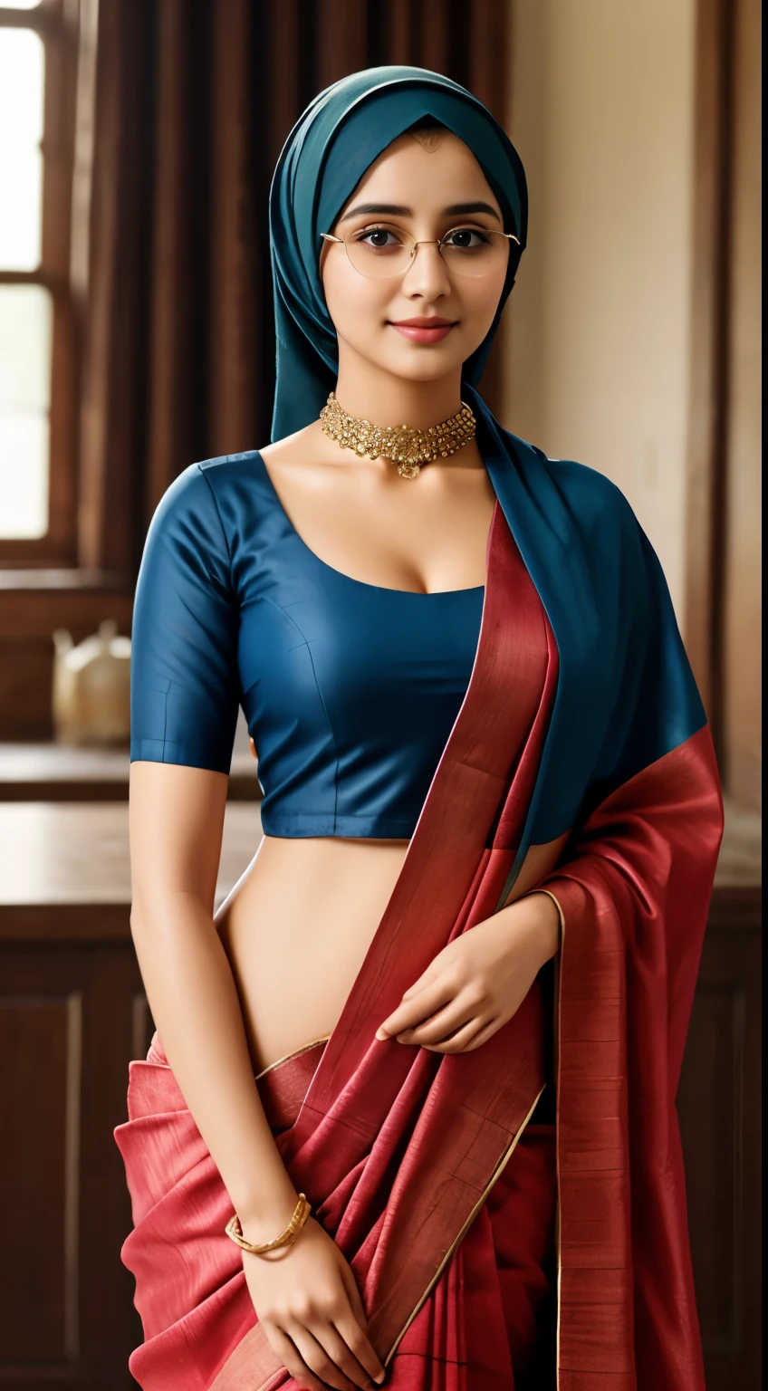 (iu:0.8),cleavage, RAW, Best quality, high resolution, Masterpiece: 1.3, Beautiful glasses hijabi scottish girl wearing rustic saree, Masterpiece, Soft smile, choker