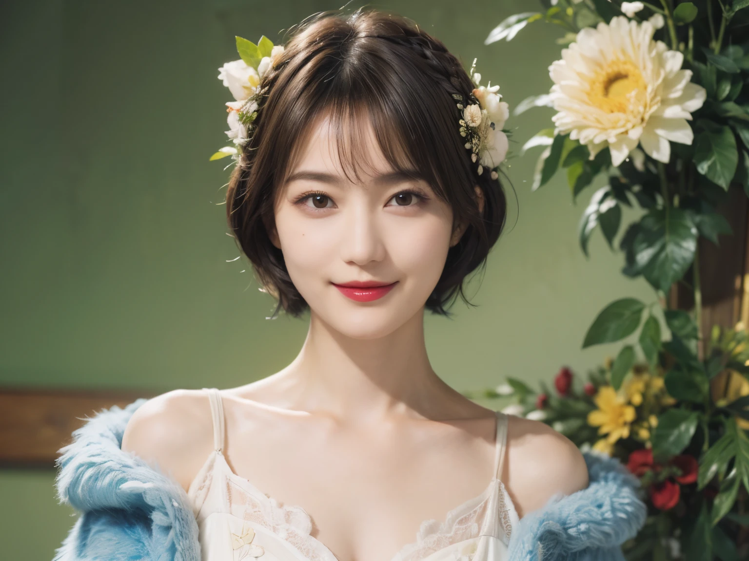 148
(20 year old woman,Floral costume), (surreal), (High resolution), ((beautiful hairstyle 46)), ((short hair:1.46)), (gentle smile), (breasted:1.1), (lipstick)
