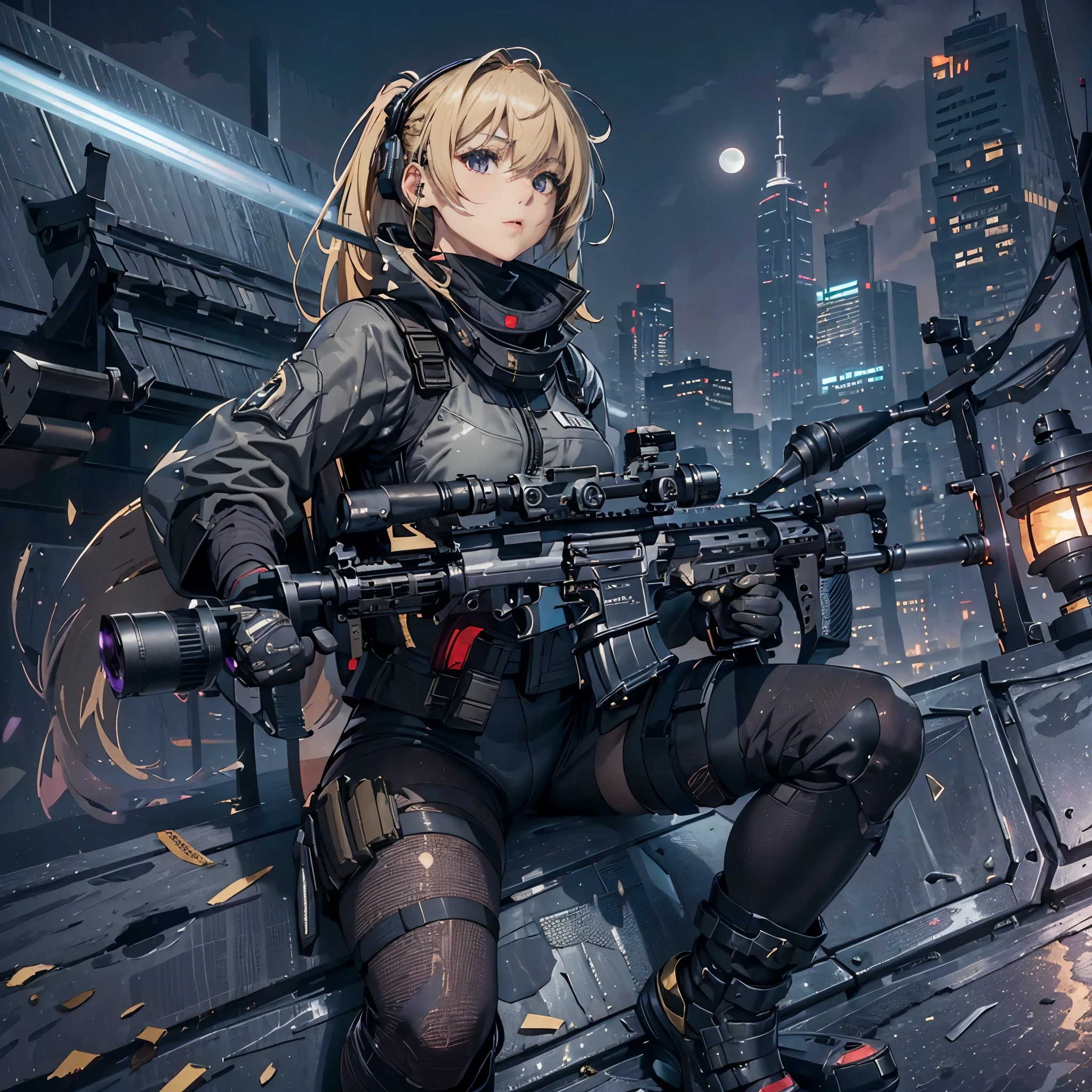 (trained female soldier、beautiful girl)、（GANTZ image:1.3）((Aim and fire your rifle:1.4、Crouching sniper position:1.4、gun、H&K HK416))、1 female、tHick body、(black cyber tech wear、camouflage pantyhose:1.2)、( gold Hair、Blonde hair with purple mesh color:1.3)、((Super high resolution))、Detail Write、masterpiece、（midjorurny style.:1.2）highest quality、Highly detailed CG、8K quality、CinematograpHic ligHting、Lens flare、BREAK.(Skyscraper rooftop at nigHt:1.4)、hyper detail、((Dynamic Angle Bust SHots:1.4))、詳細な近未来gun器の描写、Rifle witH perfect detail、Perfect barrel tHat does not distort、FigHter in tHe sky、（Realistic angle、Peeking into the scope:1.3）BREAK、blonde with purple bangs:1.4（particles of light around:1.2）Before dawn（Dawn Sun、Before dawn、daybreak.beautiful red moon、Meteors:1.6）