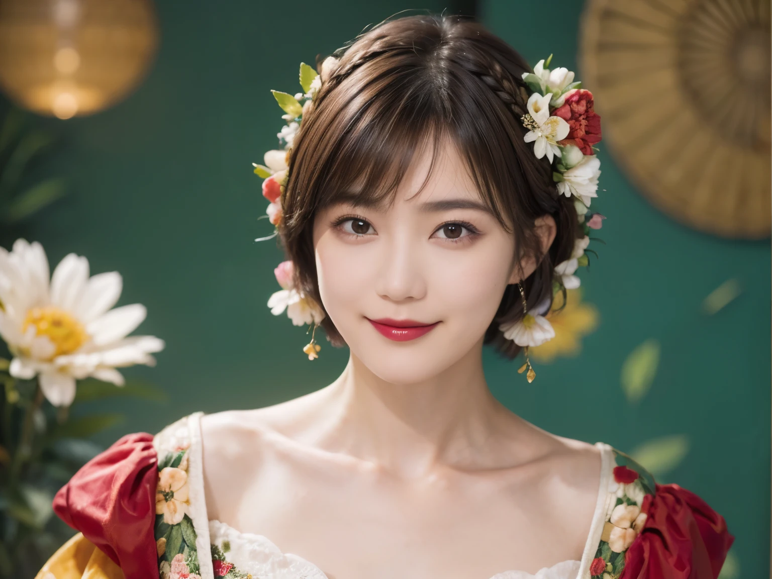 148
(20 year old woman,Floral costume), (surreal), (High resolution), ((beautiful hairstyle 46)), ((short hair:1.46)), (gentle smile), (breasted:1.1), (lipstick)