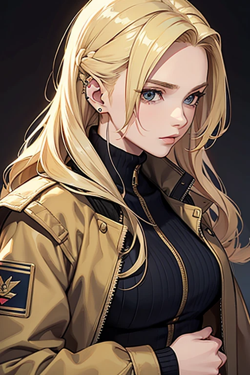 20th generation women,baby-faced woman,long blonde hair,one tied hairstyle,ear piercing,military short jacket,muscular