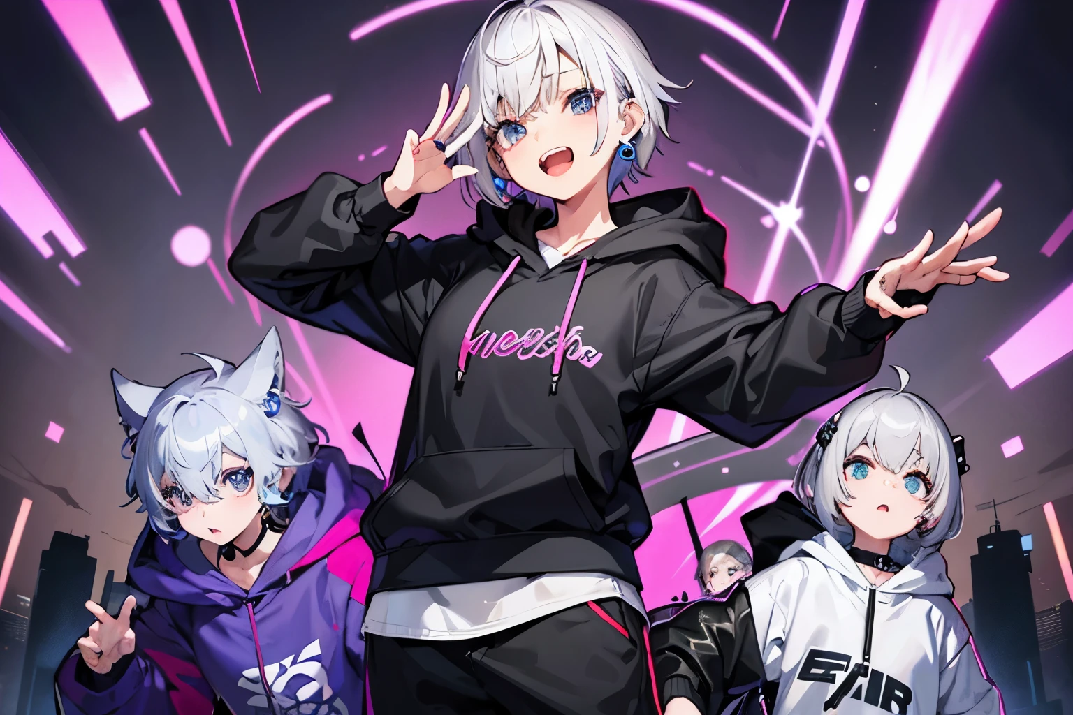 short hair、earrings、gray hair、open your mouth、double teeth、[1girl]、舌earrings、One eye hides、[hair over one eye]、hoodie、short trousers、[1 person]、stand、whole body、Neon style