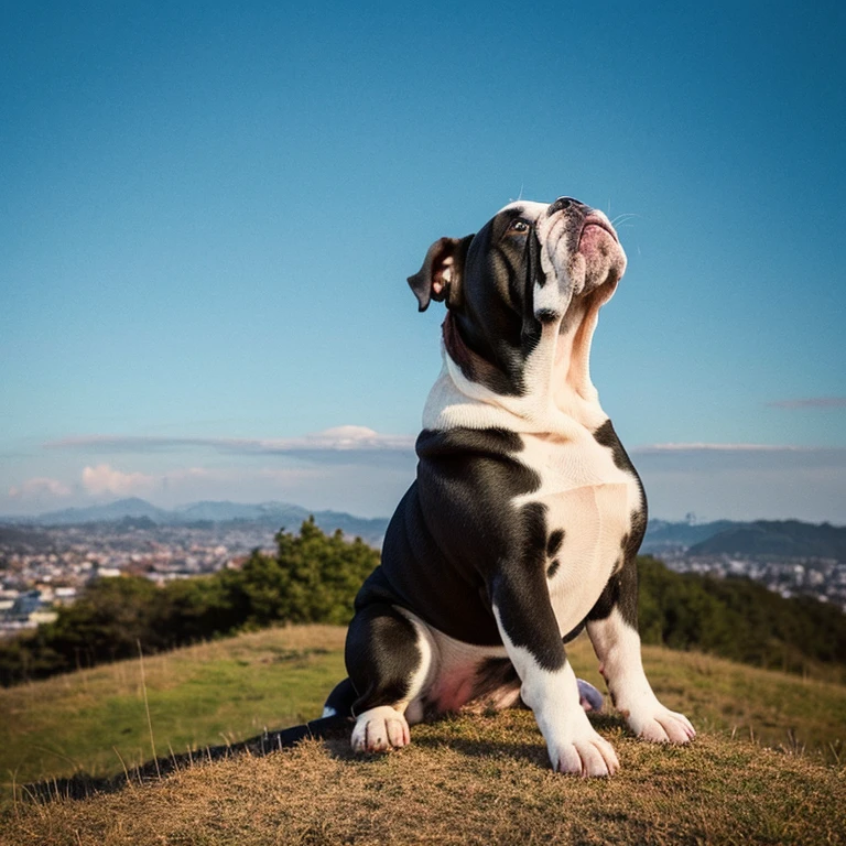 A bulldog sitting on a distant hill with his back turned to look up at the sky