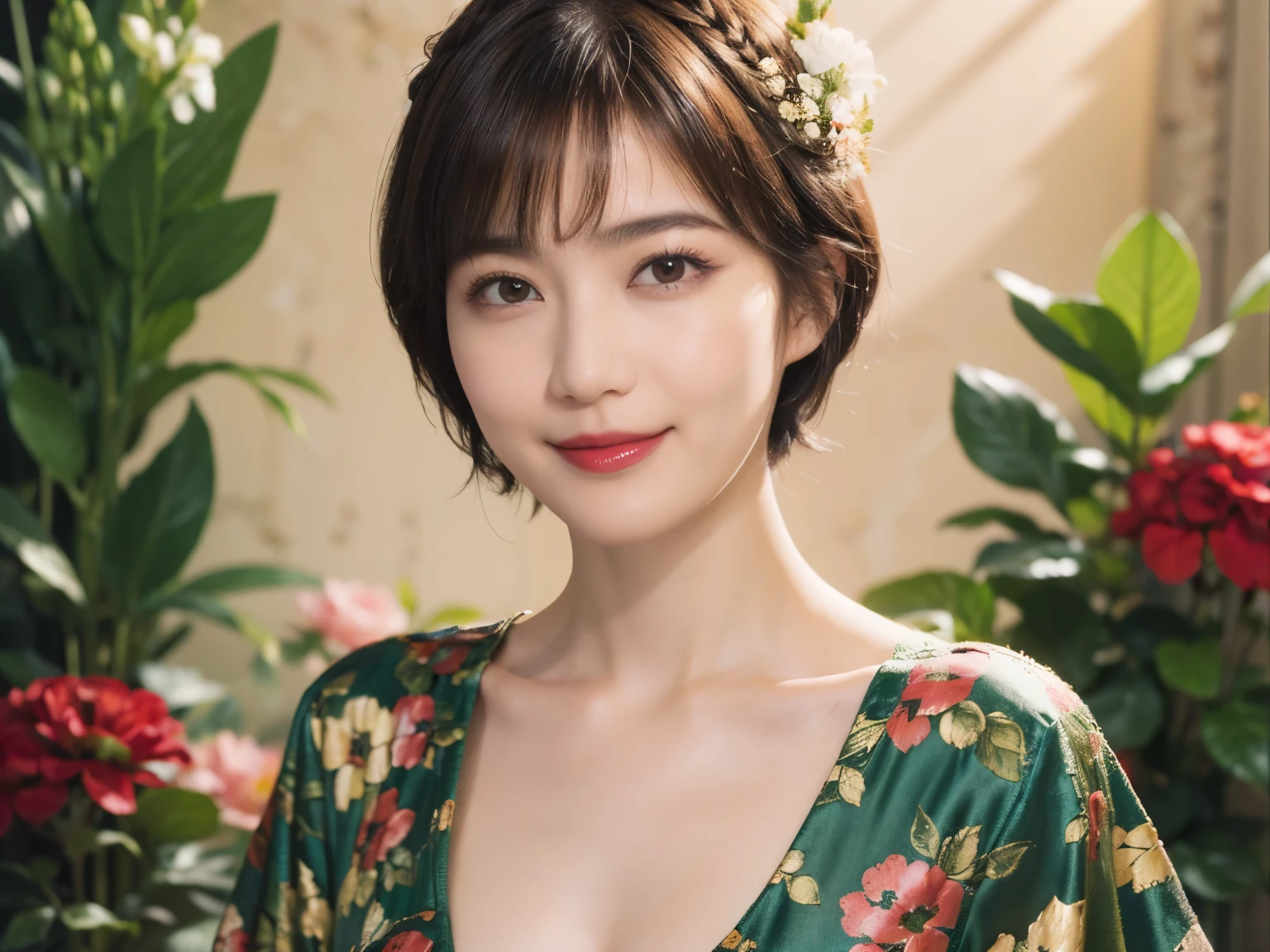 148
(20 year old woman,Floral costume), (surreal), (High resolution), ((beautiful hairstyle 46)), ((short hair:1.46)), (gentle smile), (breasted:1.1), (lipstick)
