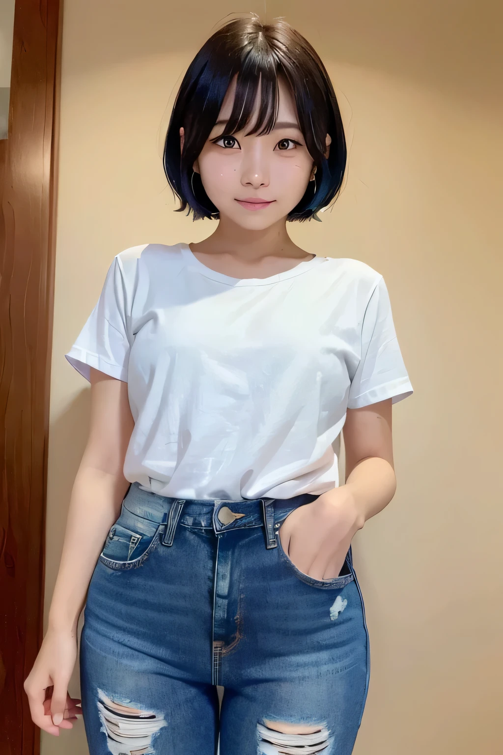 (narrow eyes:1.4), frontal shot , From the middle , (black eye), (japanese woman), 1 girl, (small eyes:1.4), very beautiful 17 year old girl, beautiful breasts:1.5, (highly detailed eyes:1.2), (beautiful breasts:1.1), short hair, bangs, (thick legs, huge hips, thick thighs), perfect skin, Fair skin, tight waist, light blush, alone, looking at the viewer, light smile, (Are crying:1.3), (shed tears:1.2), (White Round Neck T-Shirt), ( Blue Short Jeans:1.5)