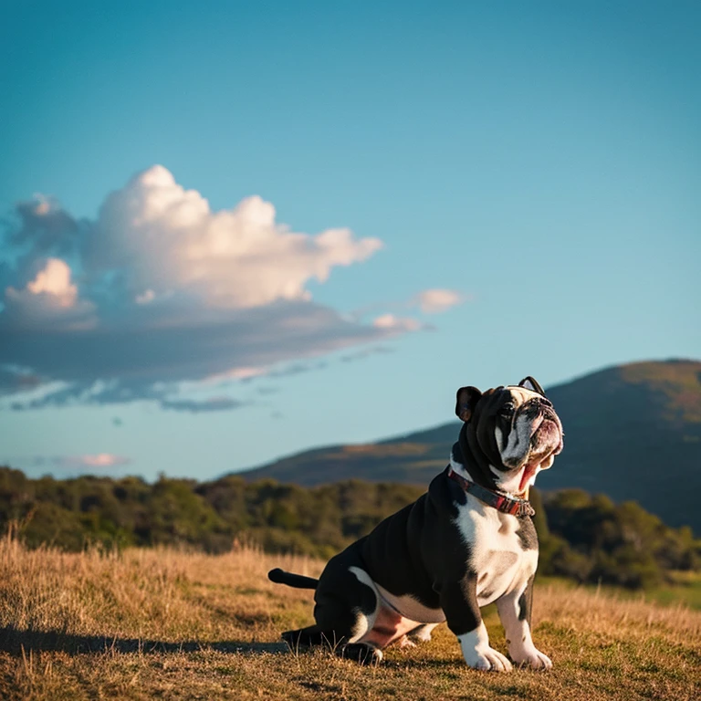 A bulldog that looks small on a distant hill with its back turned to look up at the sky