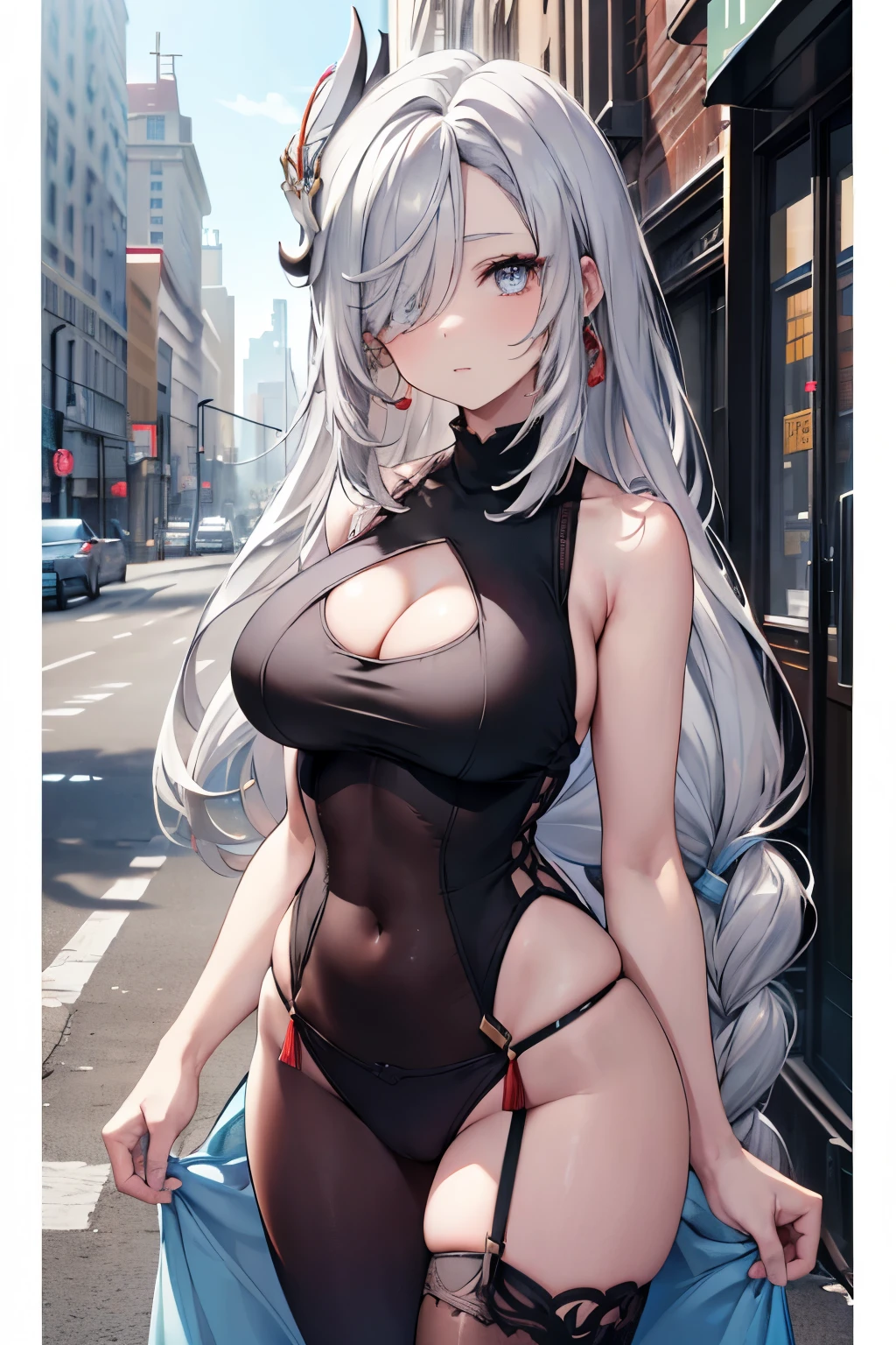 ShenheV4, (Shenhe wearing sweater), (virgin killer sweater, sleeveless, cleavage cutout), (solo:1.1), (mature woman:1.2), beautiful face, (detailed eyes), symmetric eyes, (thin lips), (long hair, grey hair, braid, hair over one eye, hair ornament), (beautiful round breasts), voluptuous body, abs, bare belly, slim waist, (masterpiece, best qualty), soft ambient lighting, standing, front view, city street background, buildings, new york, vivid colors, sunny day, blue sky, looking at the viewer, slim waist, HD, 8K, vivid colors, intricate, (absurdres:1.2), blurry_background, bokeh, (sharp focus) ((detailed face)), facial details, (pov thighs)