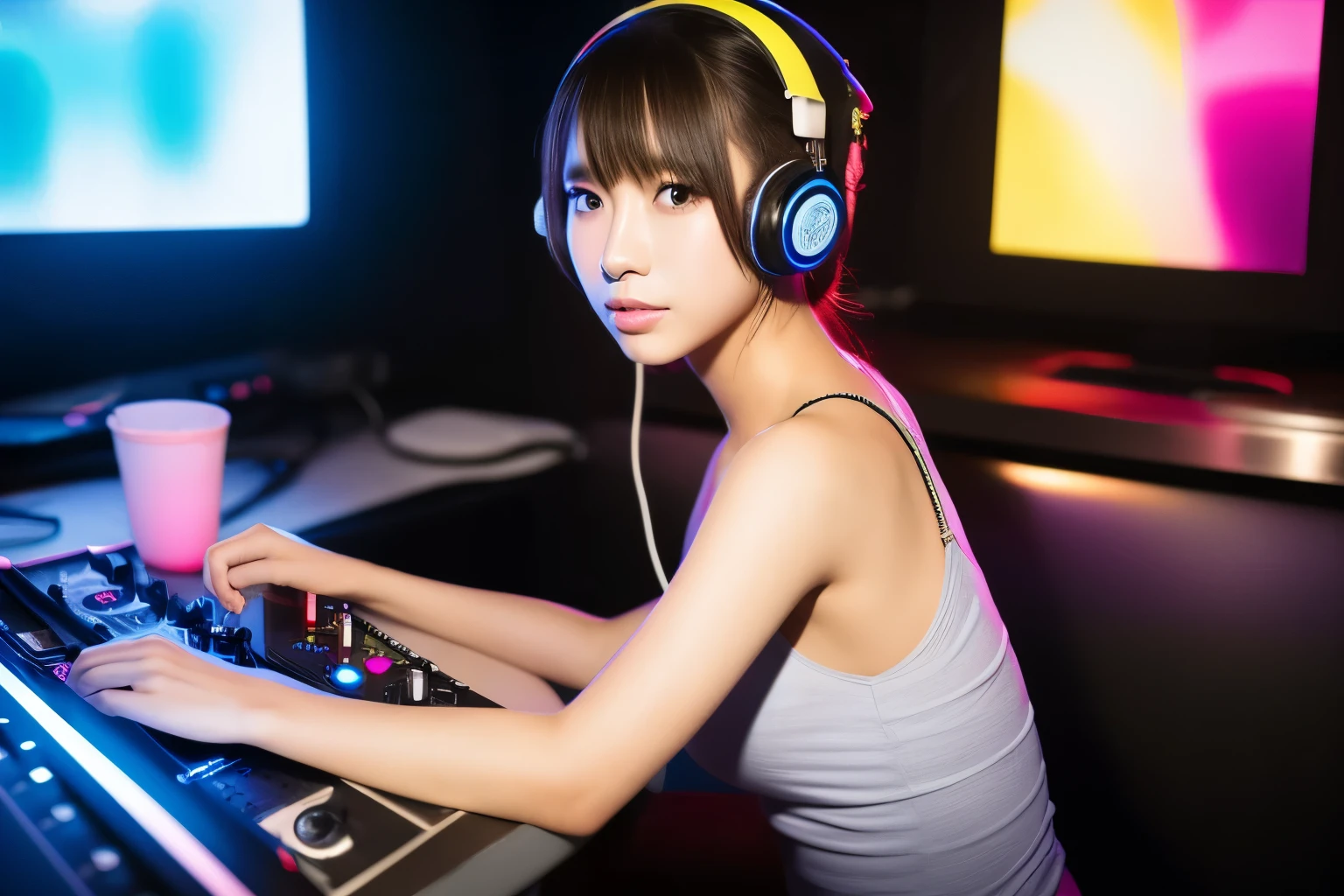 young female dj、naked and topless、headphones、punk、Sparkling