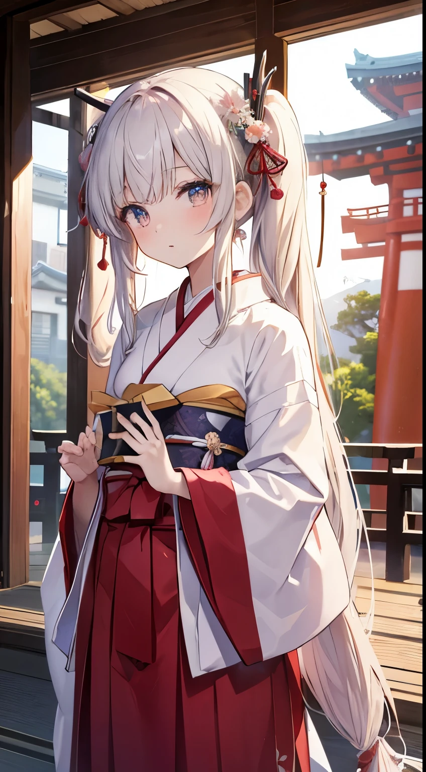 (highest quality), (masterpiece), 1080P, HD, 4K, 8K, beautiful girl, 18-year-old, twin tails, shrine maiden, Japanese style, clear, eyes like jewels, long hair, The place is a shrine, whole body, Seems to be Japan