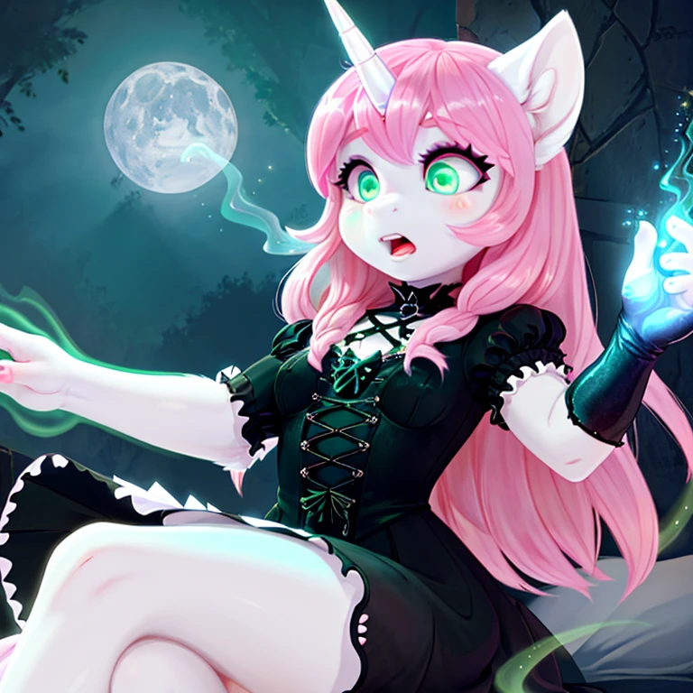 shocked unicorn in gothic make up with white fur long Pink hairs with Blue Highlights and glowing Green eyes wearing gothic clothes looking at her body there are some traces of magic floating around her she is in a bedroom