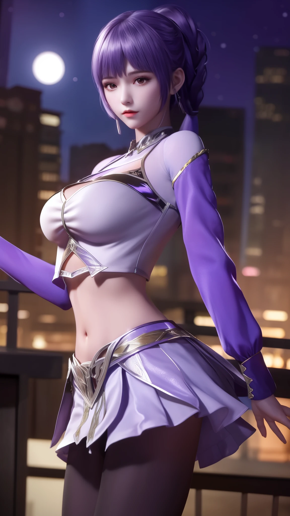 1 girl,Low double ponytail, adult, looking at the audience, city View, night, cowboy shooting, navel,crop top, long sleeves, skirt,braid, pantyhose, Metal decoration,purple hair, shiny hair, diaphragm,