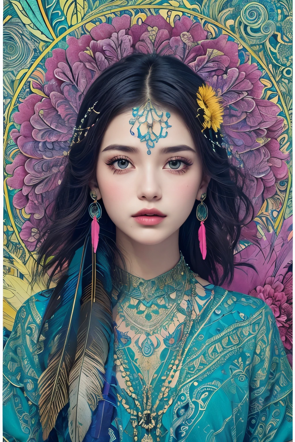 (masterpiece, highest quality, highest quality, official art, beautiful and aesthetic:1.2), (1 girl:1.3), very detailed,(fractal art:1.1),(colorful:1.1)(flowers:1.3),most detailed,(zentangle:1.2), whole body, (abstract background:1.3), (shiny skin), (lots of colors:1.4), ,(earrings), (feather:1.5),