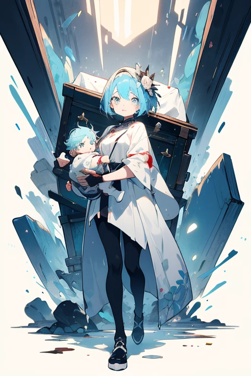 cute衣装を着た緑髪の13歳の少女、wear a man&#39;s face on your head、Standing covered in blood in a white room、Wearing loose and puffy clothes、short hair、holding a  with light blue hair、cute、A  carrying a huge blood-soaked coffin on her back、Full body illustration of anime、design character、