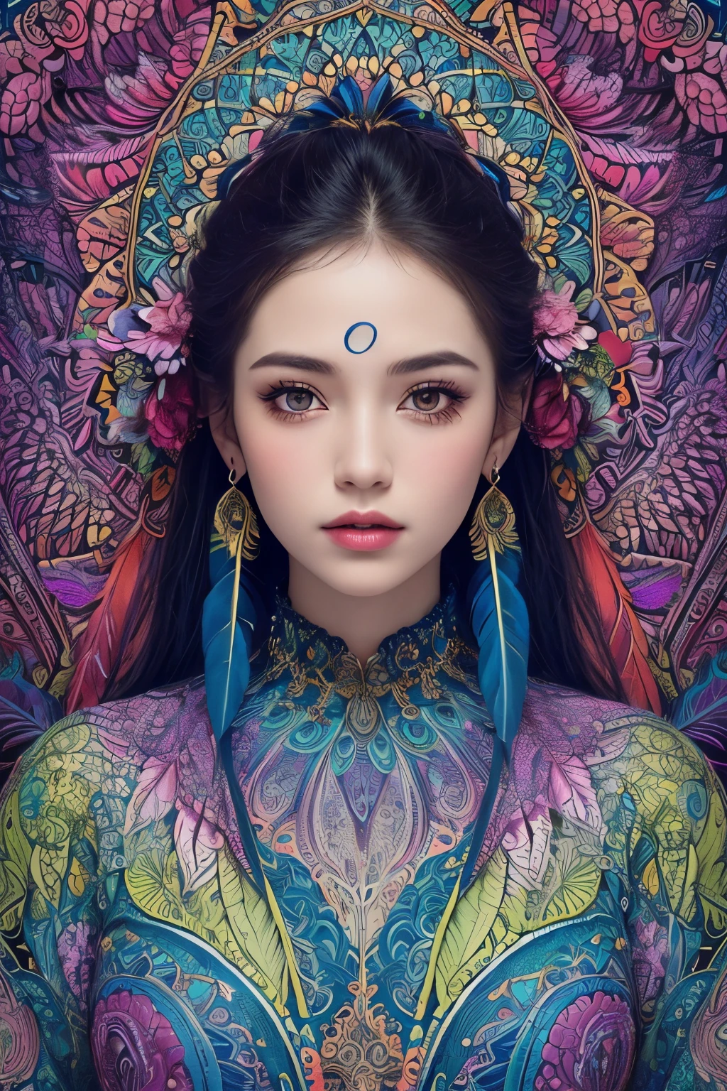 (masterpiece, highest quality, highest quality, official art, beautiful and aesthetic:1.2), (1 girl:1.3), very detailed,(fractal art:1.1),(colorful:1.1)(flowers:1.3),most detailed,(zentangle:1.2), whole body, (abstract background:1.3), (shiny skin), (lots of colors:1.4), ,(earrings), (feather:1.5),