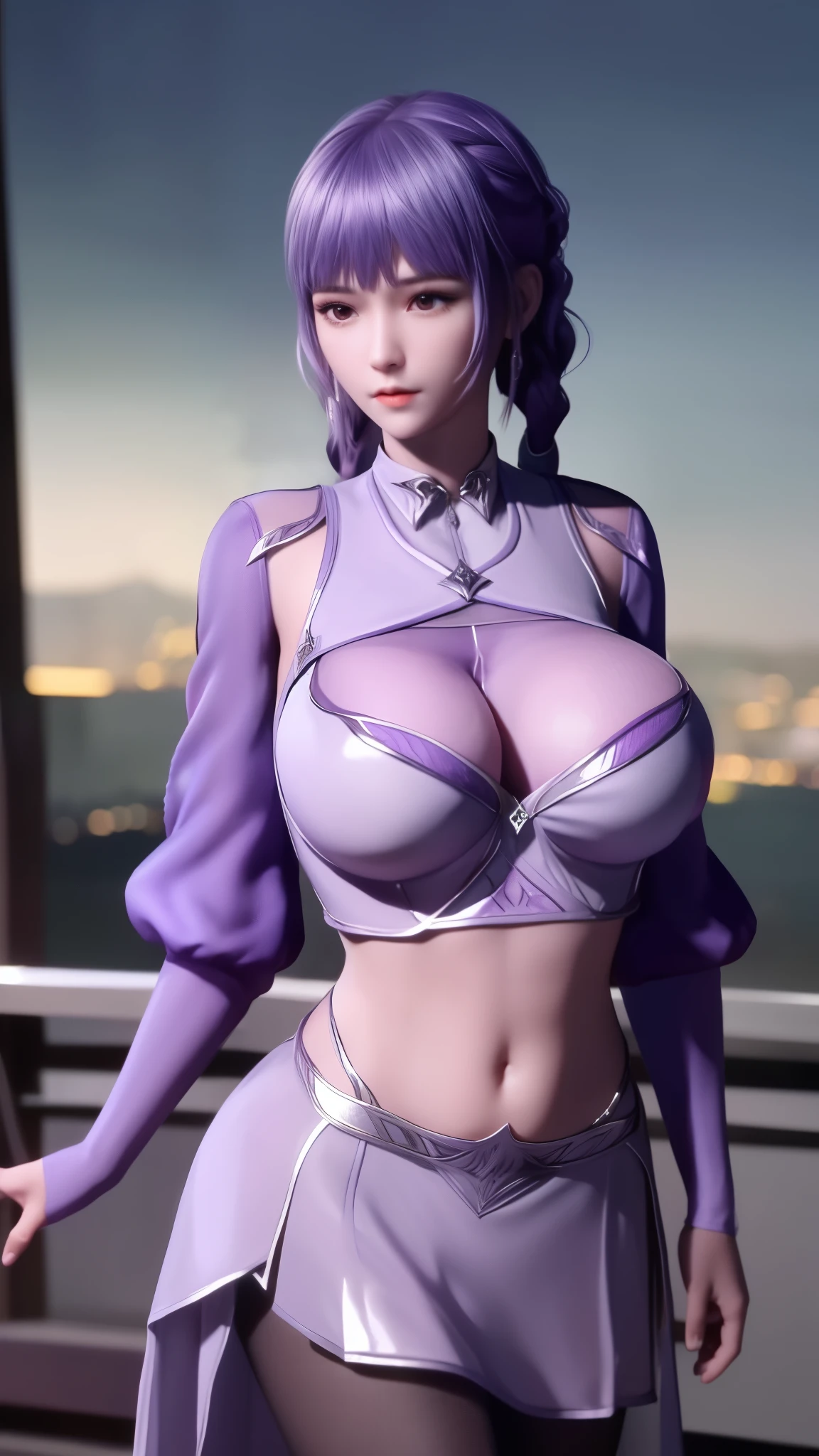 1 girl,Low double ponytail, adult, looking at the audience, city View, night, cowboy shooting, navel,crop top, long sleeves, skirt,braid, pantyhose, Metal decoration,purple hair, shiny hair, diaphragm,huge ,Show breasts,exposing her chest