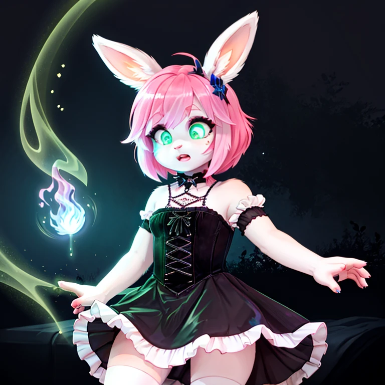 shocked bunny in gothic make up with white fur long Pink hairs with Blue Highlights and glowing Green eyes wearing gothic clothes looking at her body there are some traces of magic floating around her she is in a bedroom