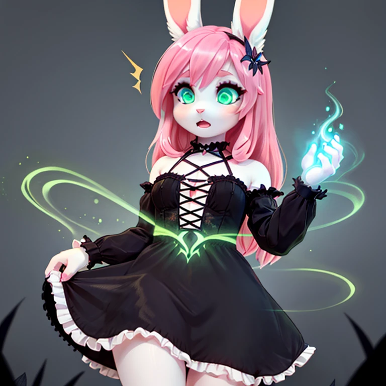 Tiny shocked bunny in gothic make up with white fur long Pink hairs with Blue Highlights and glowing Green eyes wearing gothic clothes looking at her body there are some traces of magic floating around her she is in a bedroom