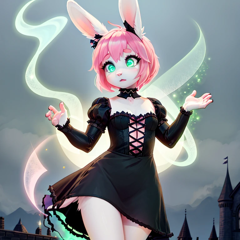 Tiny shocked bunny in gothic make up with white fur long Pink hairs with Blue Highlights and glowing Green eyes wearing gothic clothes looking at her body there are some traces of magic floating around her she is in a bedroom