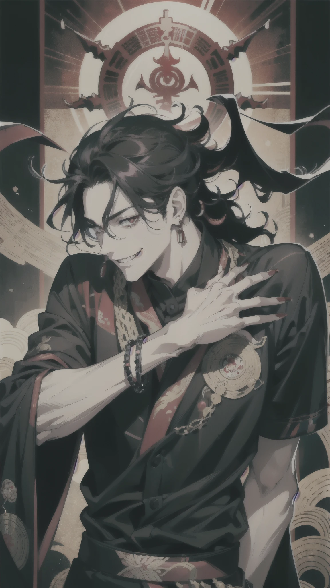 1 man, 38 years old, 210 cm height, Japanese, black disheveled semi-curly hair, scarlet eyes, big maniacal smile, red nails, rectangular earrings in the form of talismans, red and black bracelet, black shirt with blood lilies print, Devil's smile, blood