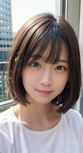 masterpiece, best quality, 8K, disorganized person, (Upper body:1.4), white shirt, beautiful girl, pretty face, looking at the viewer, smile, super realistic, high resolution, new photo, sharp focus, HDR, face light, dynamic lighting, movie lighting, professional shadow, beautiful cityscape background, highest details, very detailed, Super detailed, fine details, real skin, delicate features, detailed face and eyes, sharp pupils、realistic student、bob、brown hair