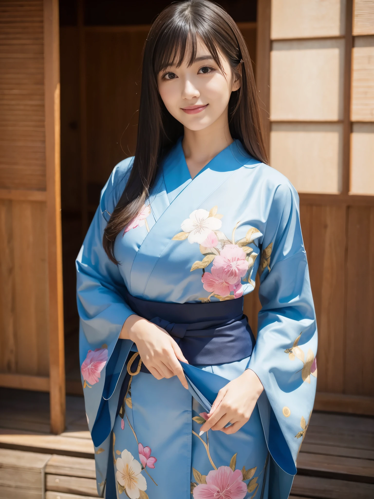 Beautiful woman in neat Japanese clothes、((best qualtiy、8k masterpieces:1.3))、foco nítido:1.2、(ultra beautiful faces:1.0)、(shinny skin:1.0)、photos realistic、A dark-haired、Video Lighting、High-definition eyes and face、Video Lighting、Japan Idol Actress、from the front side、medium breasts、Smile、Slender Abs Beauty、Whole body、In furisode