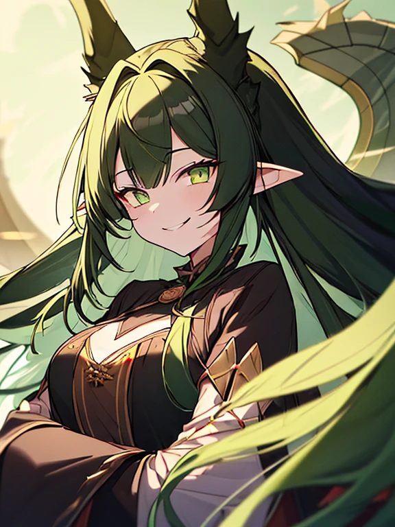 ((8k Sharp)) A girl, Green long hair, (Long haired style), Green Vertical Eyes, (Vertical pupil), pointy ears, Wearing (Tattered Cloak), Wearing (Bandage Arms), Scaily Tail Archosaurian, (Tail), (Holding w battle Axe), ray,backlighting,masterpiece,best quality,exquisite,8k,absorbers,super fine illustration,(looking at viewer), (Wicked Smile expression), (Sharp Scales Under cheeks), 