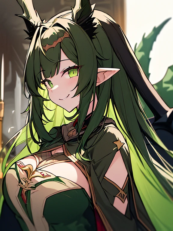 ((8k Sharp)) A girl, Green long hair, (Long haired style), Green Vertical Eyes, (Vertical pupil), pointy ears, Wearing (Tattered Cloak), Wearing (Bandage Arms), Scaily Tail Archosaurian, (Tail), (Holding w battle Axe), ray,backlighting,masterpiece,best quality,exquisite,8k,absorbers,super fine illustration,(looking at viewer), (Wicked Smile expression), (Sharp Scales Under cheeks), 