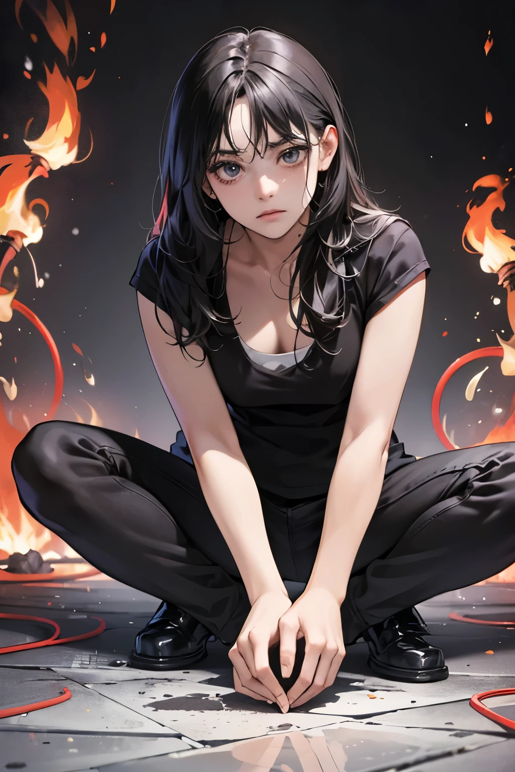 I hate you, (ultra-detailed, expressive face), bitter expression etched deep into lines, (detailed eyes with burning intensity), glaring at the viewer, (shiny skin reflecting the harshness of emotions), veins visibly bulging, wearing (plain, dark outfit), arms folded across chest, (medium-length, messy hair), loose and disheveled, sitting (cross-legged on a cold, hard floor), thoughts consumed by anger and resentment.--s2