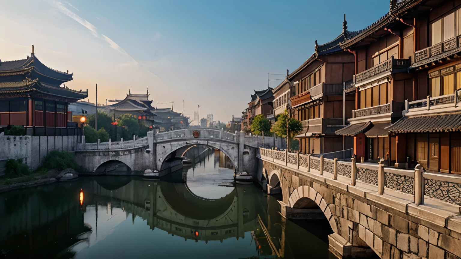 Chinese architecture,bridge，surreal colors,concept art，highly rendered，detailed textures and lighting，highly rendered，