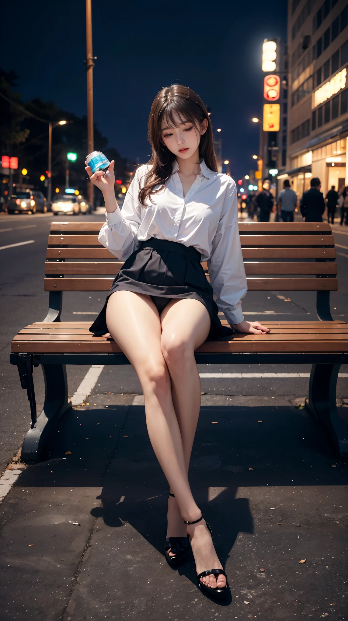 8k, highest quality, (pubic hair beauty)、High resolution, Realistic, real person、Bustling street at night、On a bench in a park with dazzling neon lights、(I'm drunk on the bench, I close my eyes and fall asleep.)、(Drunk, her legs are wide open and her underwear is visible.)、(I'm about to fall off my chair)、micro mini skirt、beautiful feet、high heels、(clutching a sake bottle)