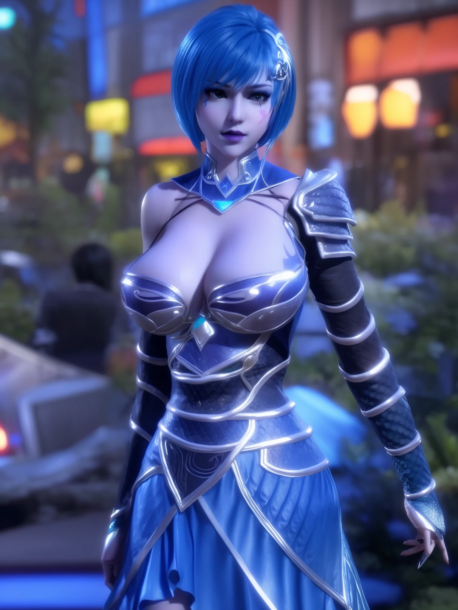 1 girl,adult, city View, night,looking at the audience, hair accessories, short hair, cosmetic, armor,black shoulder armor,scale armor, cowboy shooting, blue hair,skirt,facial markings, jewelry,huge ，Show breasts