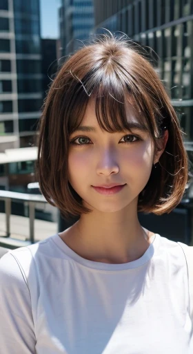 masterpiece, best quality, 8K, disorganized person, (Upper body:1.4), white blouse, beautiful girl, pretty face, looking at the viewer, smile, super realistic, high resolution, new photo, sharp focus, HDR, face light, dynamic lighting, movie lighting, professional shadow, beautiful cityscape background, highest details, very detailed, Super detailed, fine details, real skin, delicate features, detailed face and eyes, sharp pupils、realistic student、bob、brown hair