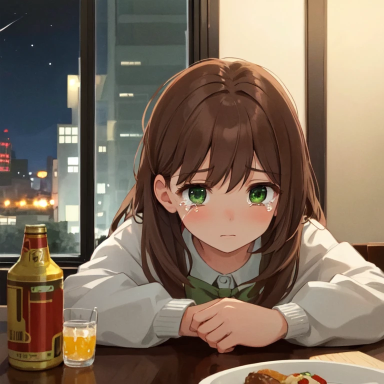 1girl, solo, super fine illustration, an extremely delicate and beautiful, best quality, brown hair, long hair, green eyes, looking out window, sad, alcohol, can, dining table, indoor, night, close-up, tears.