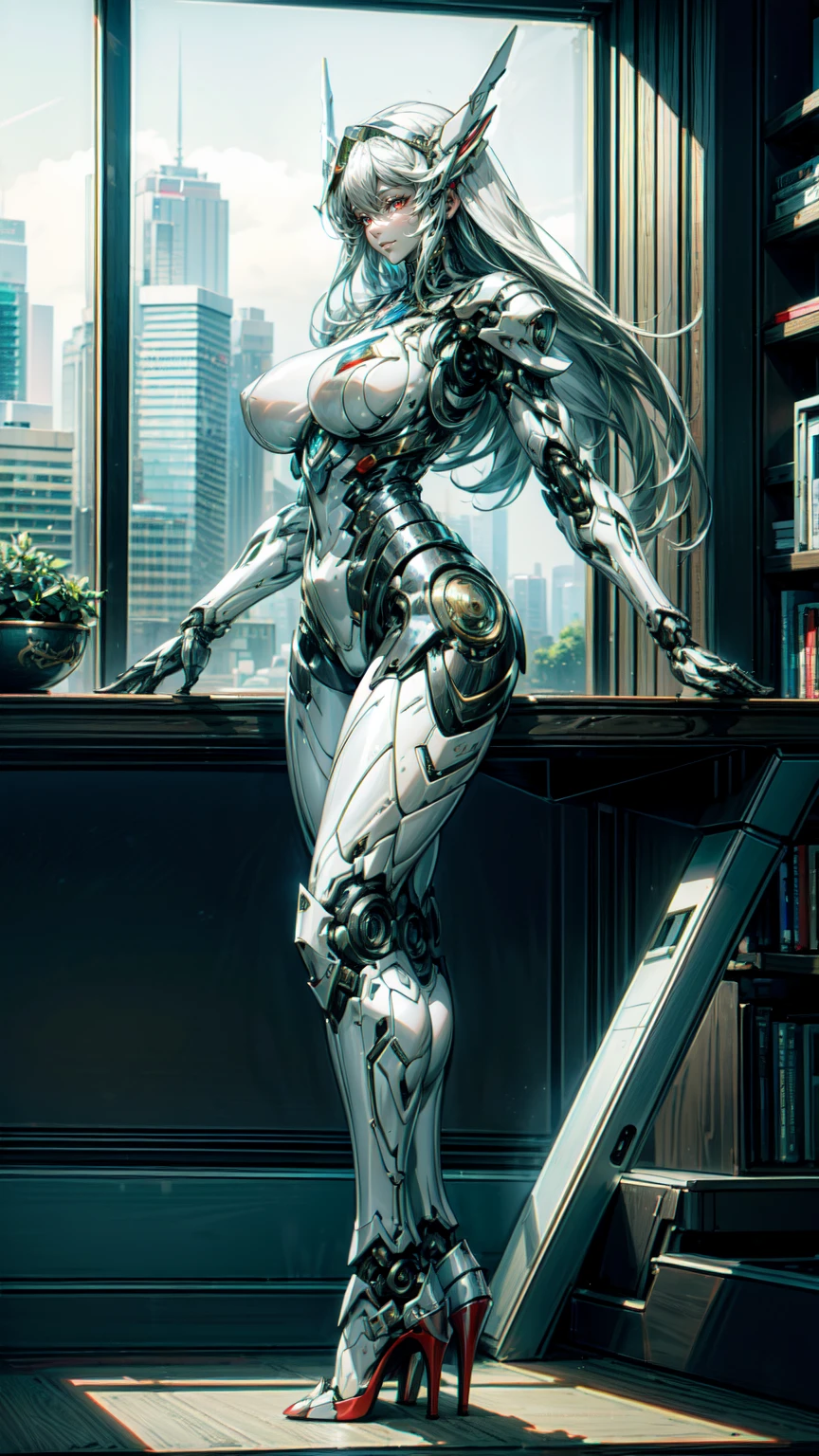 A beautiful mechanical girl，futuristic style，cyberpunk，Science fiction works，Beauty，tall，Perfect mechanical body，Intricate white mechanical bodysuit，sense of the future，science fiction style，（Black mechanical body：1.3），black manipulator臂，black manipulator，Mechanical neck，Mechanical details，Metallic luster，Mechanical chest，Plump breasts，Plump buttocks，black high heels，sexy，grace，noble，Temperament，long white hair，red eyes，finely quality eyes，beautiful face，Smile，（full body portrait：1.5），indoor，Modern bedroom，glass window，blue sky，Baiyun，sunny，City，high-rise buildings，perfect details，Ray tracing，8K，highest resolution，work，highest quality，Detailed background portrayal，Exquisite illustrations，exquisite CG，Soft picture