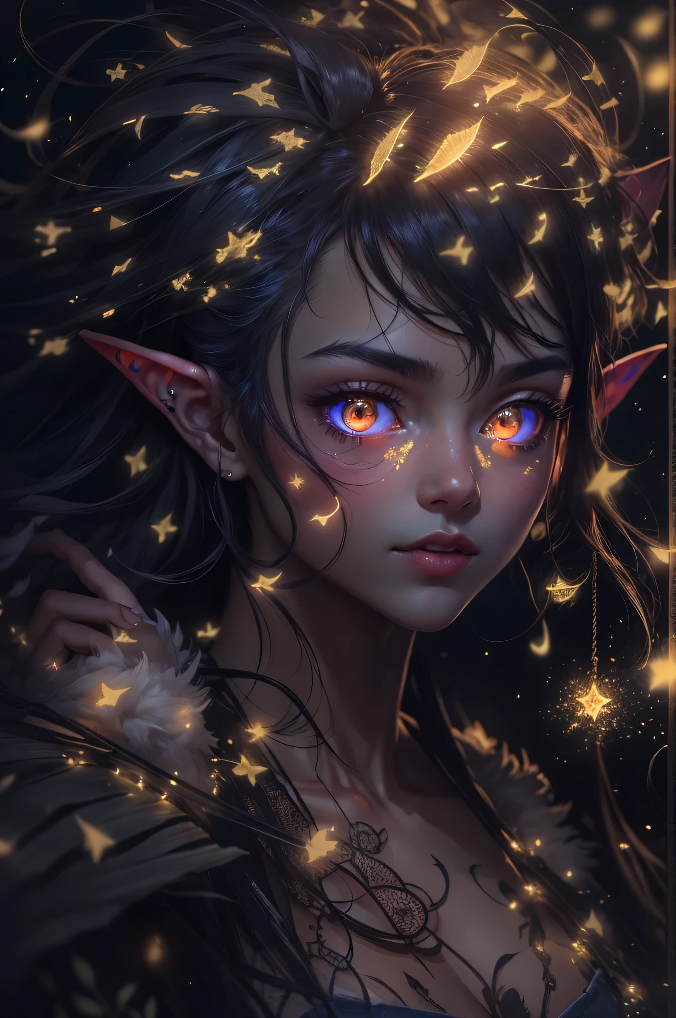 （（shot from a far distance）），（Shadow elf decorated with streamers and fireflies），（（Bonfires and shining ores on dark nights&Wind blowing effect&floating flames）），（girl），（soft light lighting），official art，（wallpaper design）
