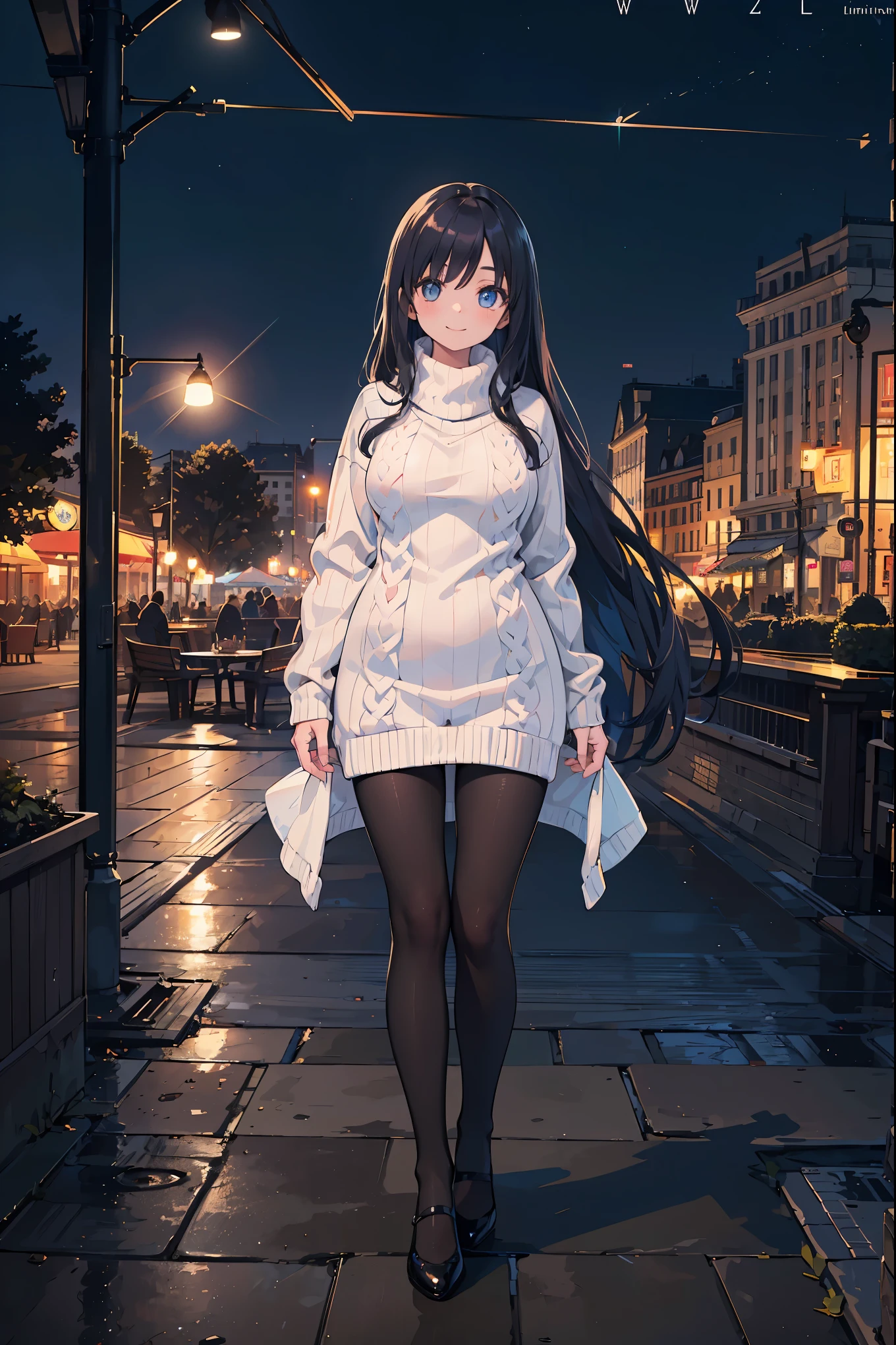 Ulchan-6500-v1.1, (RAW photo:1.2), (Photoreal), beautiful details, (genuine: 1.4), very detailed目と顔, beautiful and fine eyes, ((Beautiful illumination plaza at night:1.5)), (( midwinter sweater:1.3, super realistic pantyhose:1.2))、Self snap、Instagram、game_nffsw, huge file size, High resolution, very detailed, highest quality, [masterpiece:1.6], enlightenment, very detailed, nffsw, finely, highest quality, 8k wallpaper, movie lighting,1 girl, , perfect body shape, cute droopy eyes beautiful big eyes、Pieck finger, ((table top)), highest quality, 1 milf, eye shadow,  ((full body shot:1.4))、(very affectionate smile:1.2)、realistic skin texture、shiny skin、exposed thighs!!!